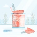 Vector Illustration of Glass of Grapefruit Gin Cocktail with Grapefruit Slices, Rosemary and Straw on blue background.